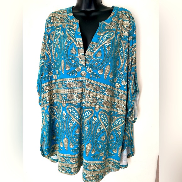 LIENRIDY Women’s Size 2X V neck Blouse. Beautiful teal and gold color. - Picture 1 of 7
